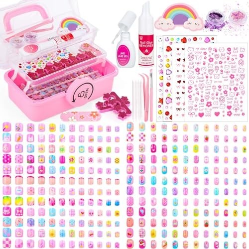 576 Pcs Kids Press-On Nail Art Kit with Glue & Storage Case, Cute Gift for Ages