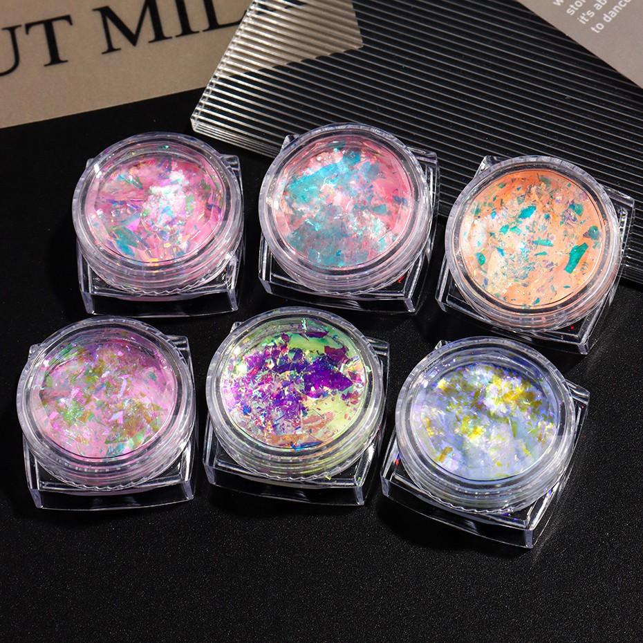 6pcs Aurora Opal Nail Glitter Flakes Iridescent Nail Pigment Crystal Mermaid Spa