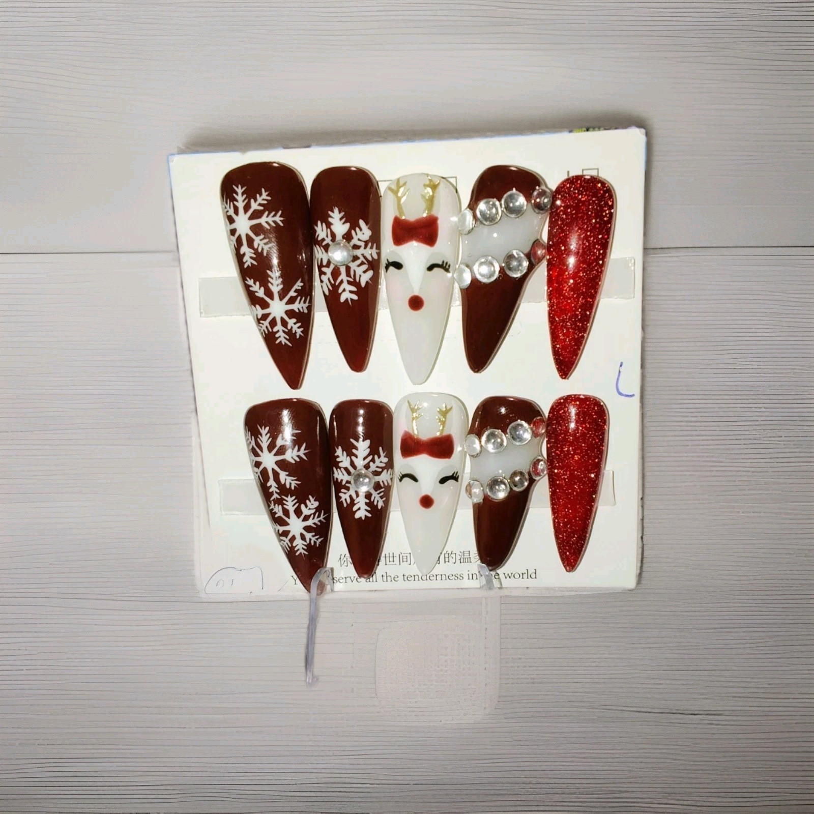 Red White 3D Glitter Christmas Reindeer Snowflake Long Stiletto Press-On Nails
