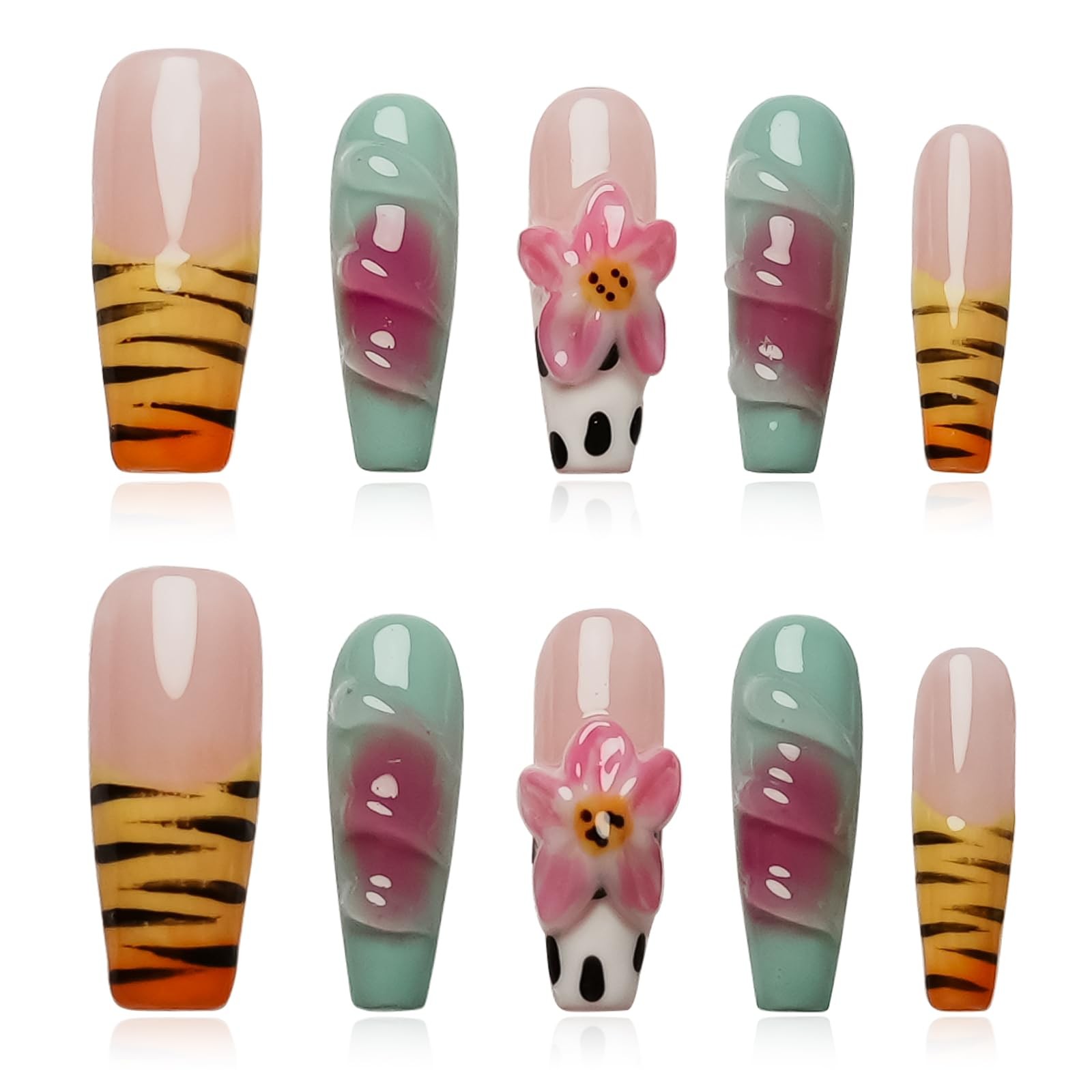 Long Coffin Press on Nails Handmade Muti-Layer Gel Fake Nails – 3D Lotus Flow…