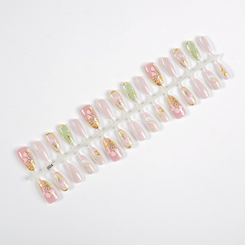 60pcs Almond Press on Nails, Pink Green Gold Line Cherry Blossom Glitter Nails