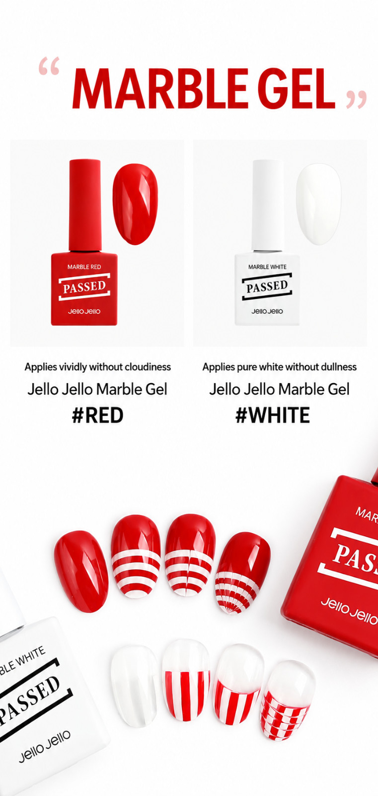 Jello Jello Non Wipe Type Marble Nail Gel Red White Art Brush Dual Brush Set