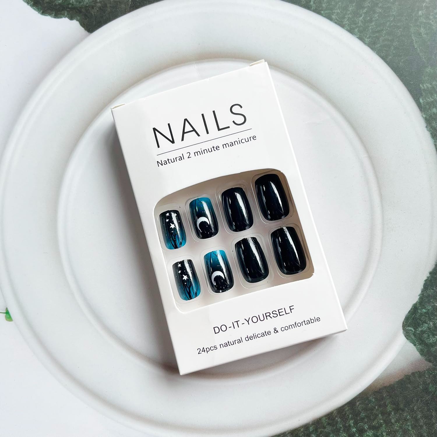 24Pcs Moon Star Glossy Black Press On Nails – Medium Length Acrylic Full Cover