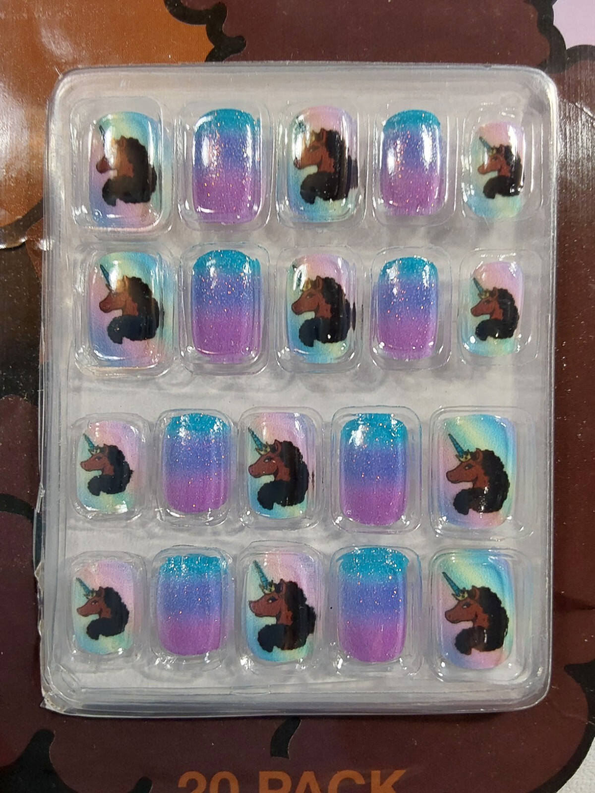 Afro Glitter Unicorn Multicolor Easy to Apply Press On Fake Nails Set 20 Pack