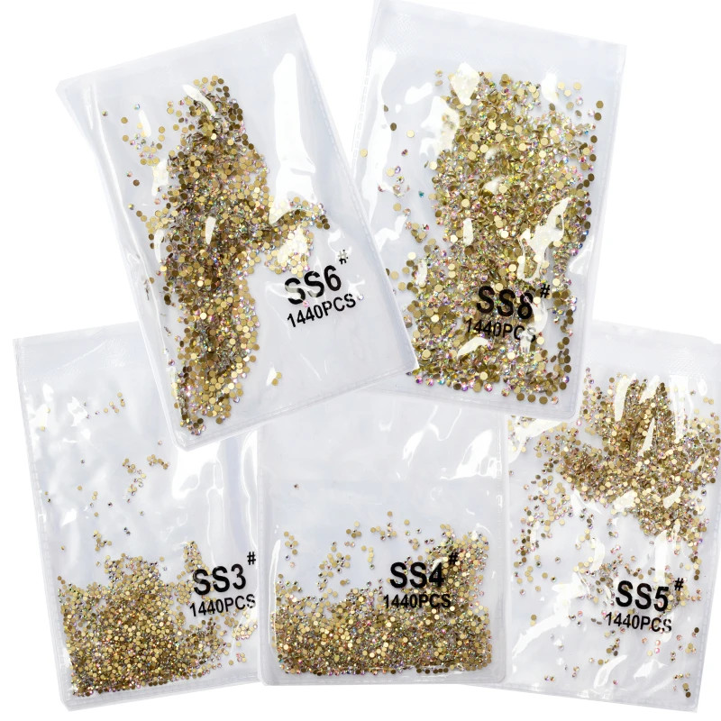 Ss3-Ss8 1440Pcs Clear Crystal AB Gold 3D Non Hotfix Flatback Nail Art Rhinestone