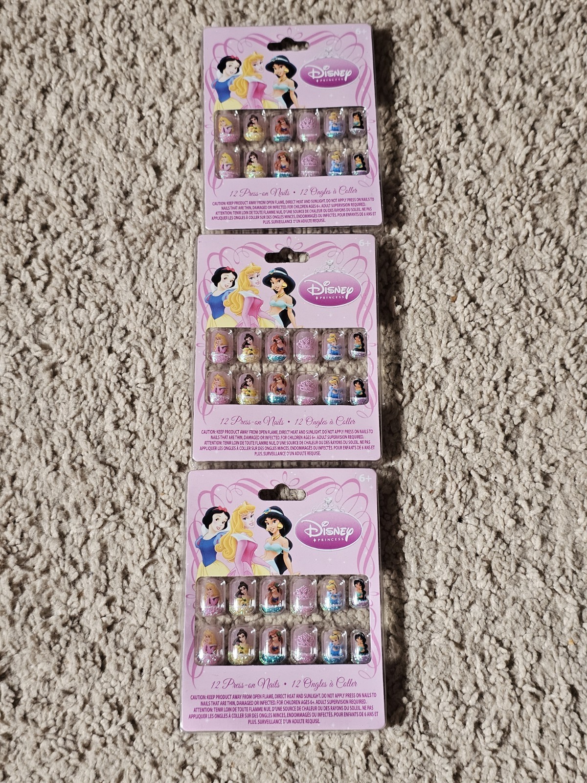 New! Disney Princess Press On Nails for Girls – 3 Pack of 12 Each