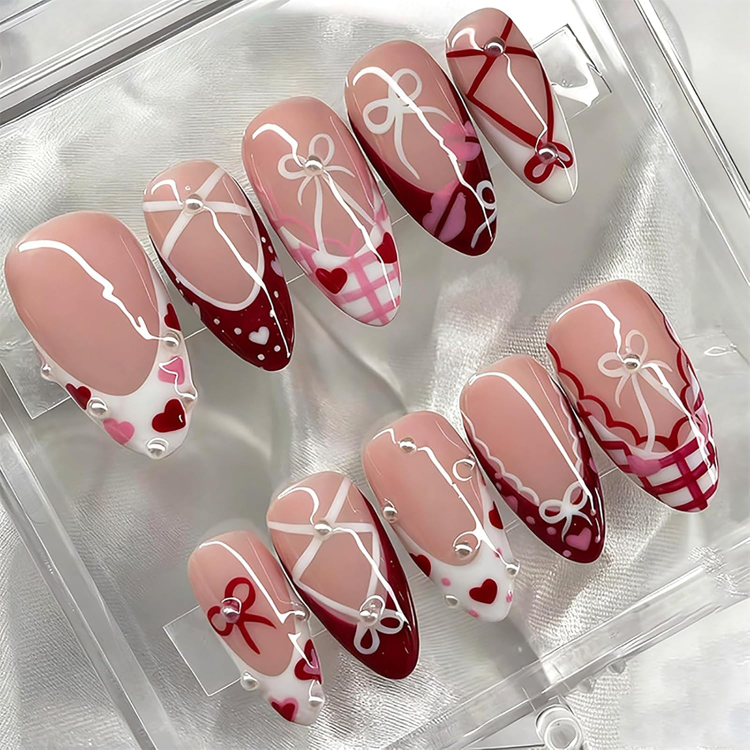 30Pcs Pink Flower Press on Nails Handmade Almond Fake Nails with 3D Flower Gildi