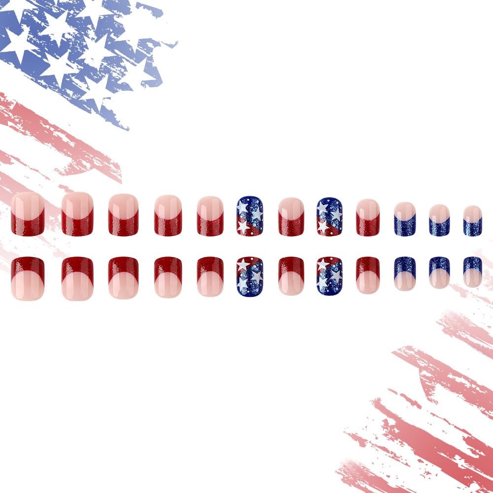 Independence Day Press on Nails French Tip Fake Nails Blue Red False Nails wi…