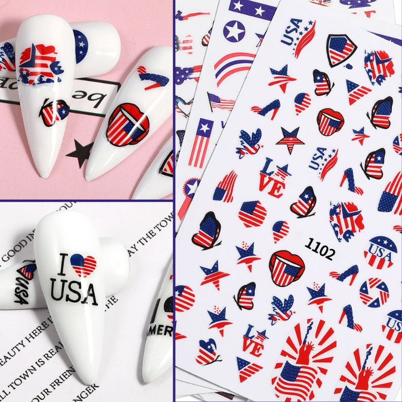 American Flag Star Heart LOVE July Memorial Day Butterfly 3D Nail Sticker NS3