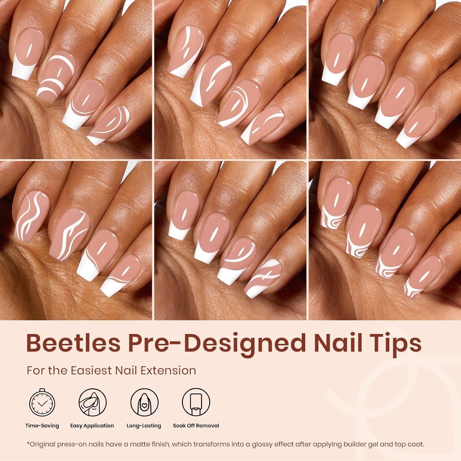 Beetles Press on Nails Med Coffin – 7 Styles French Tips 210 pieces – 15 sizes