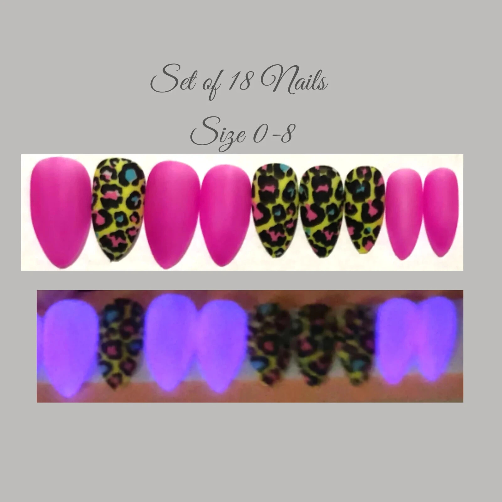 Pink Leopard, glow in the dark – Press on nail set- Size 0-8