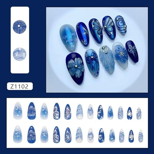 24Pcs Blue Flowers Press on Nails Medium Blue Deep Sea Butterfly Fake Nails 23