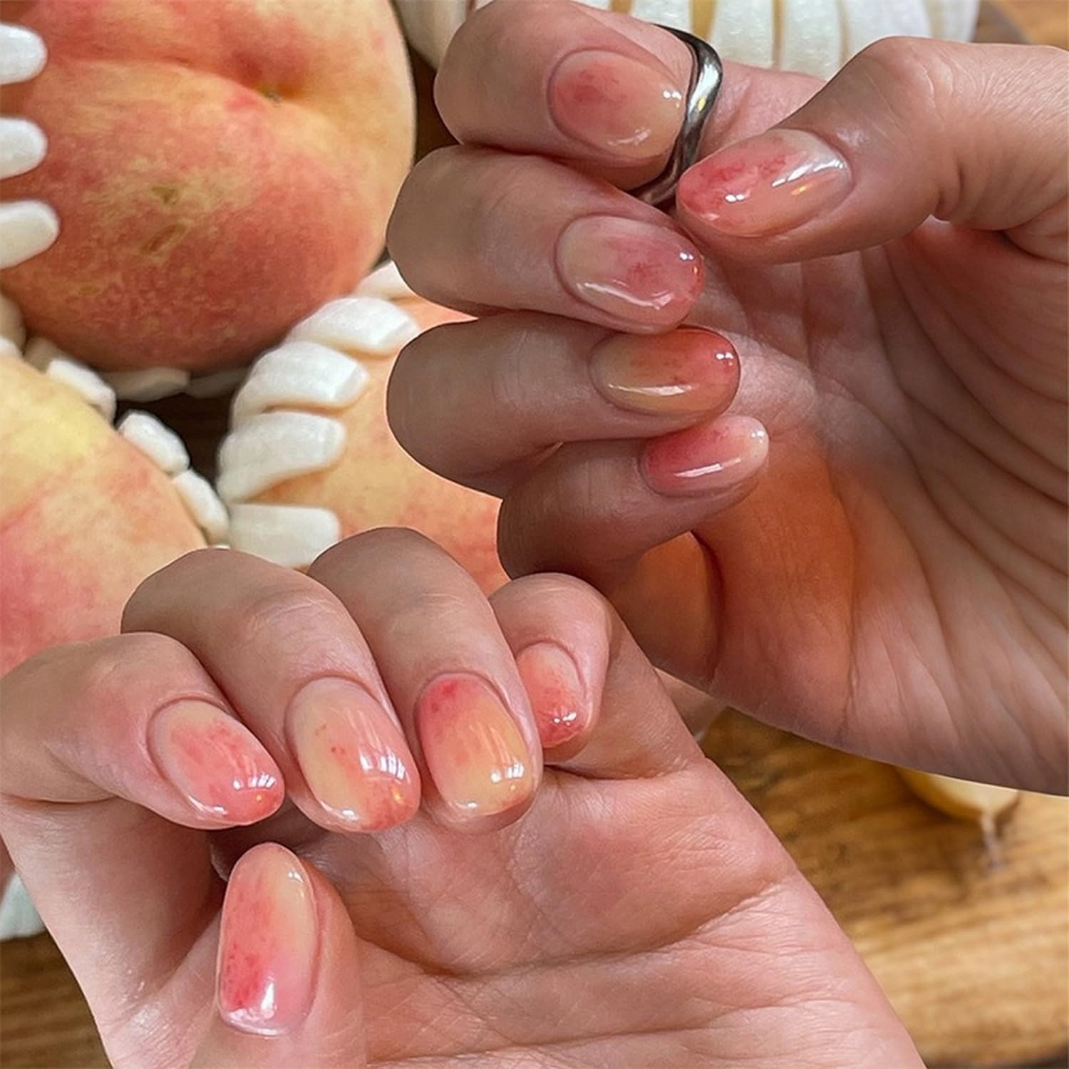 Press On Nails Short Square French Fake Nails with Gradient Designs Glossy