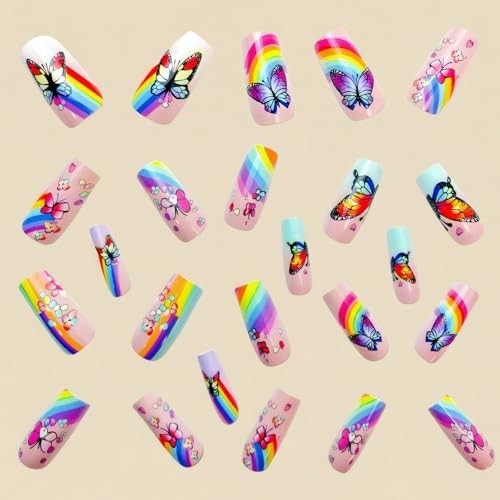24Pcs Butterfly Press on Nails Medium Coffin Fake Nails Cute Little Spring