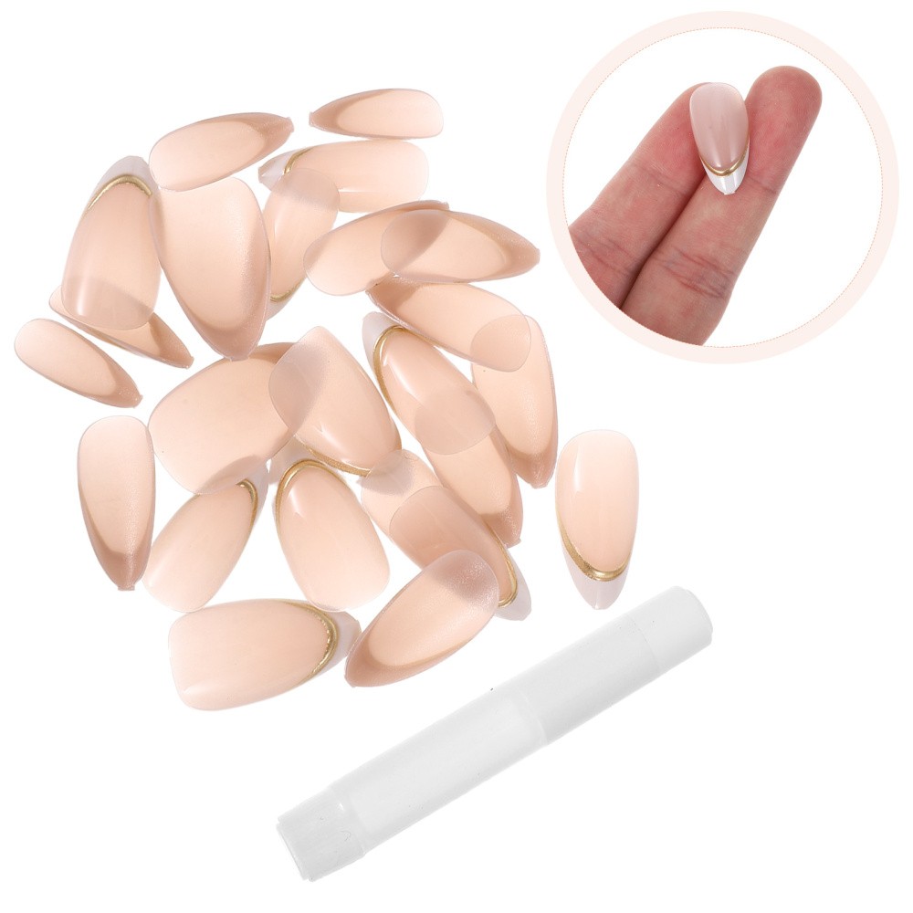 1 Set Reusable French Tip Almond Press on Nails Pink ABS Full Cover False Tips