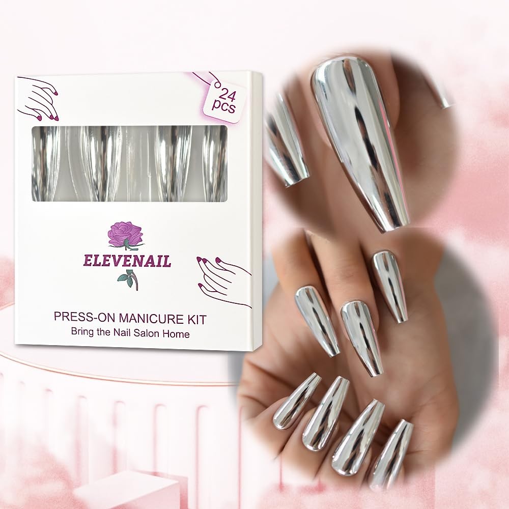 Super Long Shiny Punk Style Silver Coffin Ballerina Press on False Nails Meta…