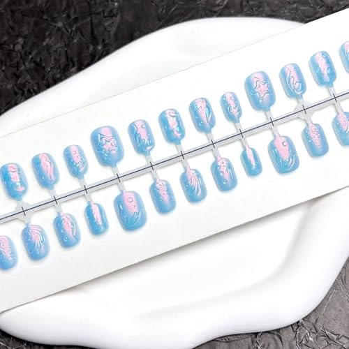 Summer Press on Nails – Short Square Fake Nails – Blue Chrome – Style 13