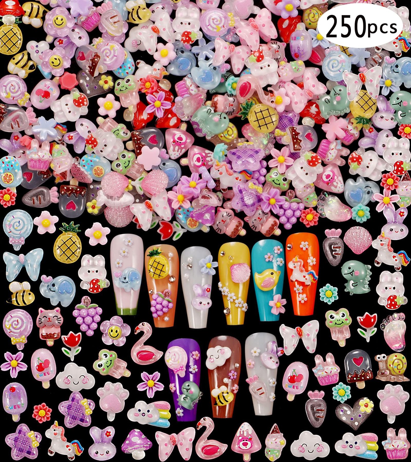1 Pack of 250pcs Cute & Sweet 3D Nail Charms for Acrylic Nails, Perfect for N…