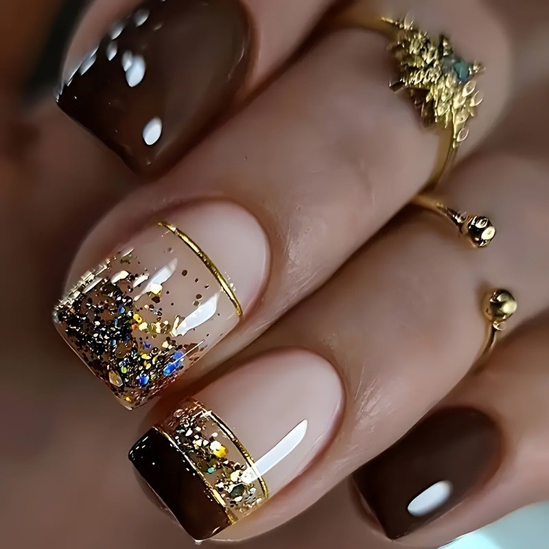 48Pcs-Chocolate Brown Gold Line Press on Nails Glossy Short Square Nail Art Set
