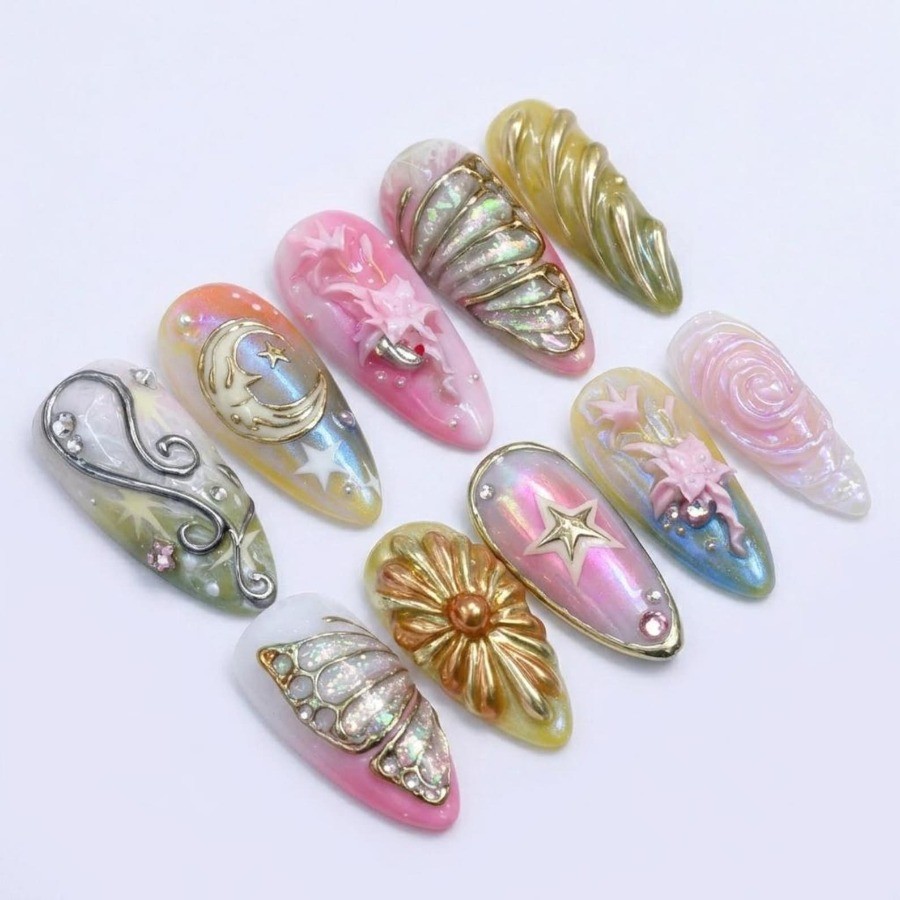 Galaxy Moon Handmade Press on Nails Butterfly Floral Iridescent Gloss Fake Nails