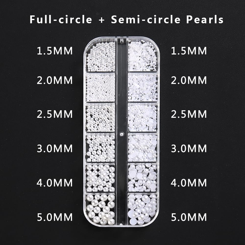 Multi Sizes round and Half round Pearls 3D Nail Charms, White Flatback Pearls Na