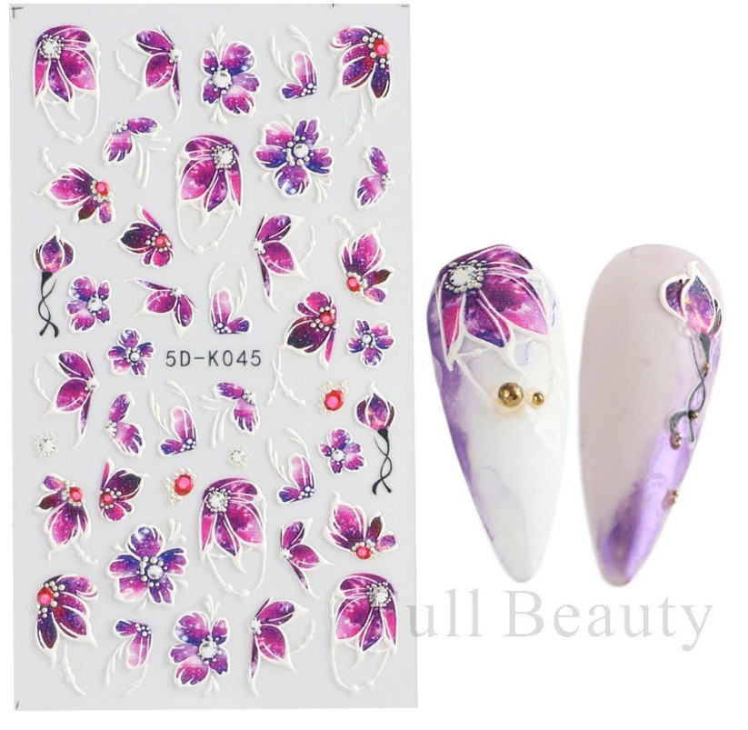 5D Blue Purple Lace Butterfly Flowers Nails Art Stickers Embossed Decals NS42