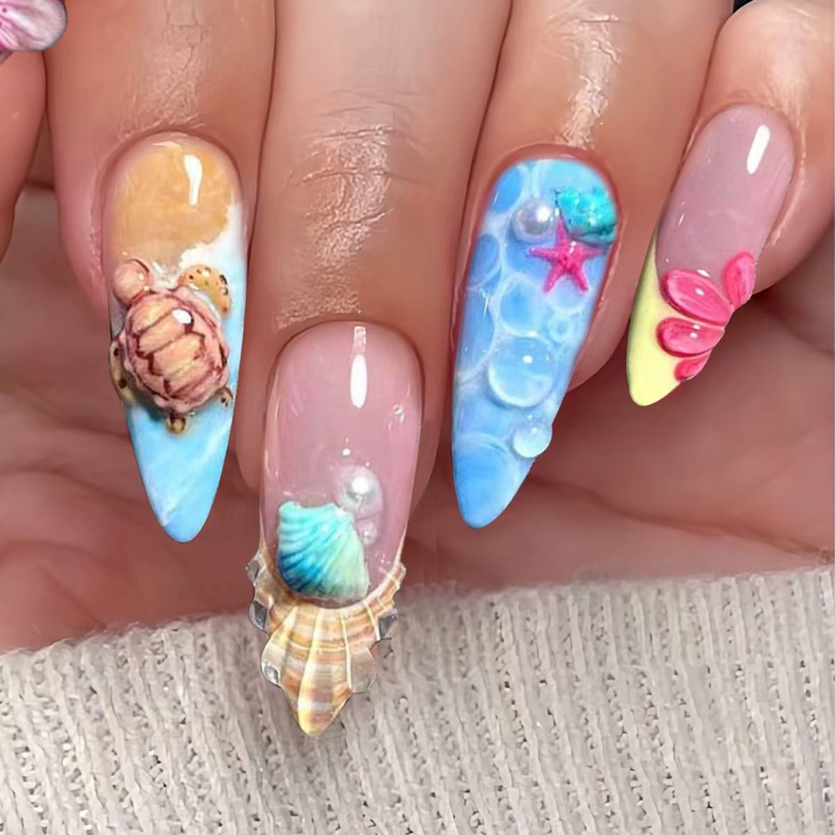3D Ocean Almond Nails with Shell Starfish Turtle Floral Decor