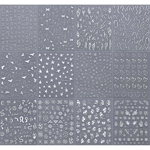12 Sheets Silver Nail Art Stickers, 3D Self-Adhesive Bronzing Sun Moon Style25