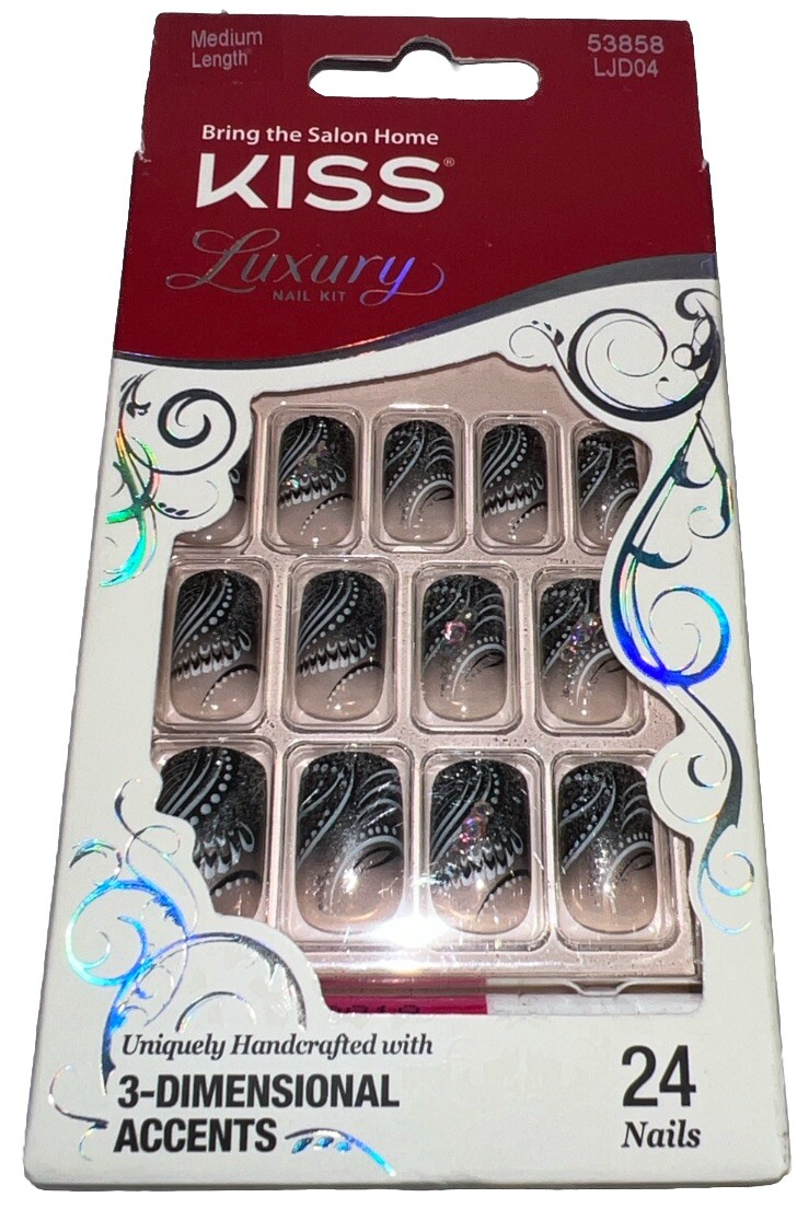 KISS Luxury Nail Kit 24 MEDIUM LENGTH #53858 3D Feather Accents New/Discontinued