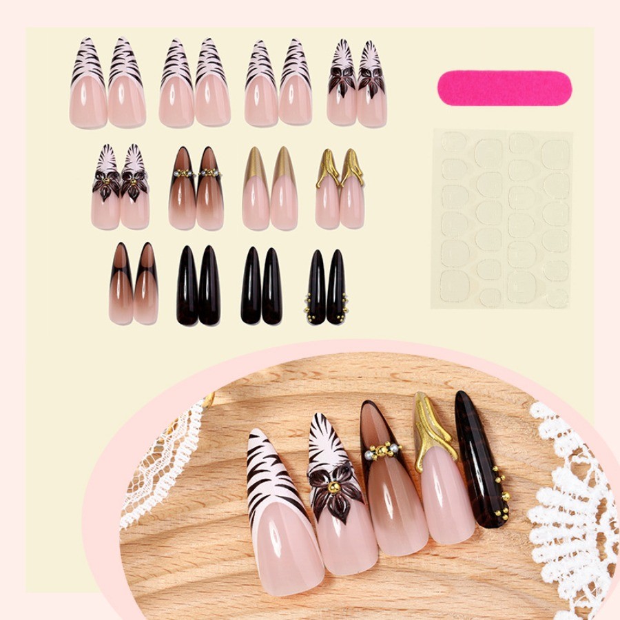 48pcs-Nude Press on Nails Black Gold Accent Floral French Tip Stiletto Set