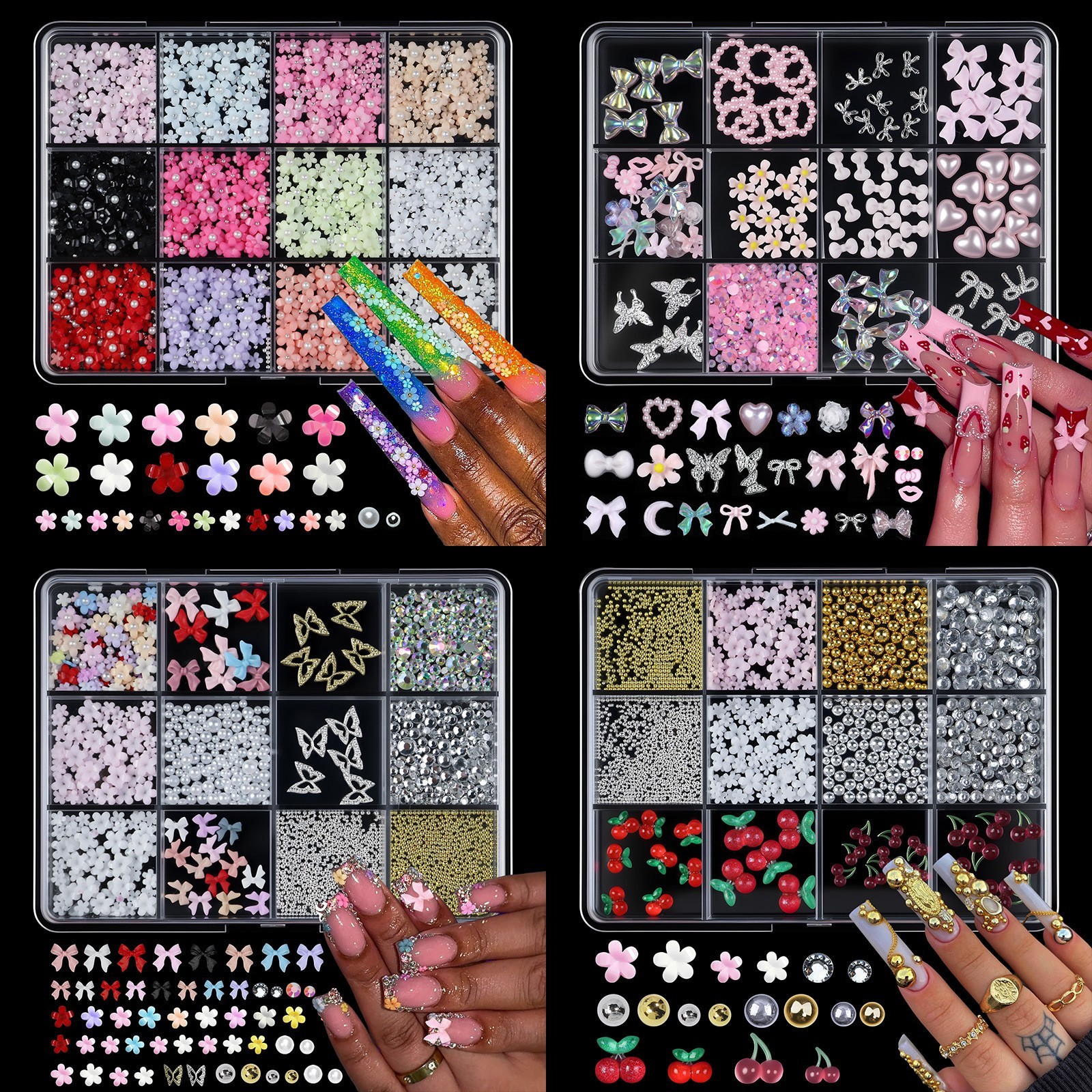 12 Grids 3D Nail Charms Butterfly Strawberry Heart Alloy Resin Nail Art Decor