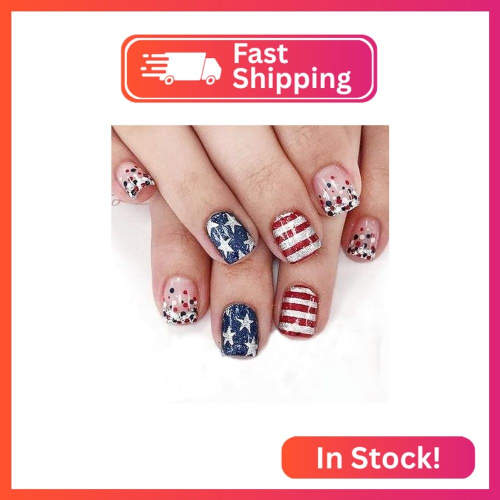 BMKKOT Independence Day Press On Nails – Short, Colorful Polka Dots & Stars, Ful