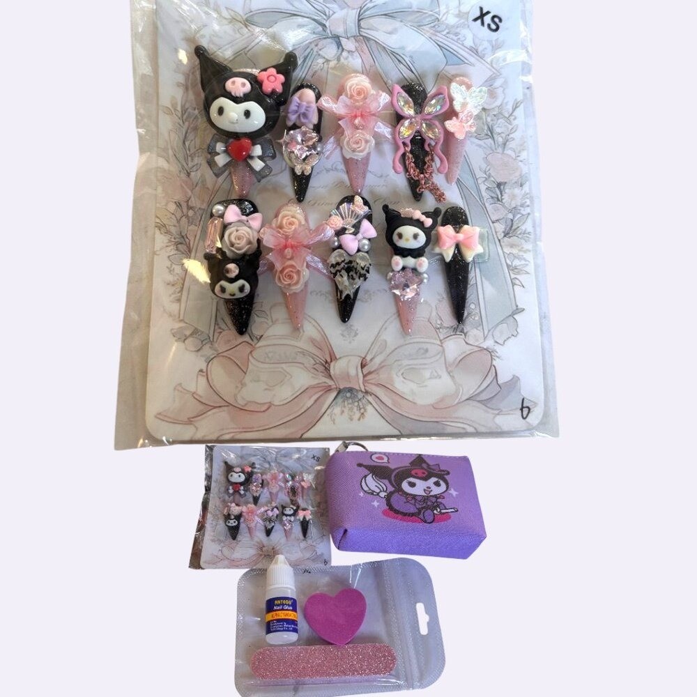 Y2K HK Press On Nails Cute KUROMI handmade premium Fake Nails Set NEW XSMALL
