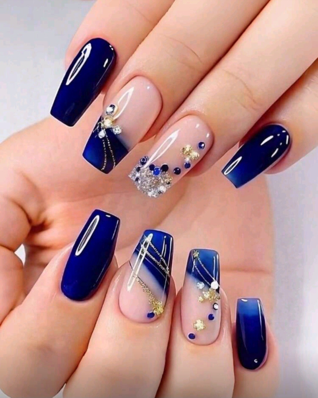 Press-On Nails Royal Blue Clear with 3D Rhinestone Accents Medium/Long Coffin