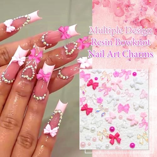 Pink Assorted Nail Charms Set Multiple Style Nail Bows White Pink&White-2