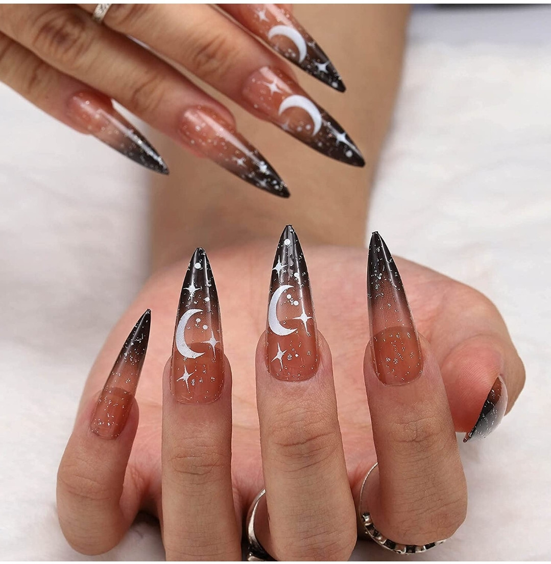 24 Press on nails Kit w Glue Witchy Black ombre glitter jelly clear halloween