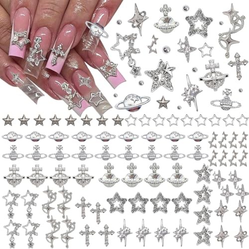 120+ Pcs Star Nail Charms Inlaid Rhinestones Gems Star Planet Cross Nail Silver