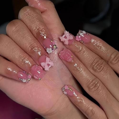 Pink Press on Short Square Fake Nails with 3D Bow Charms Standard Dark Pink