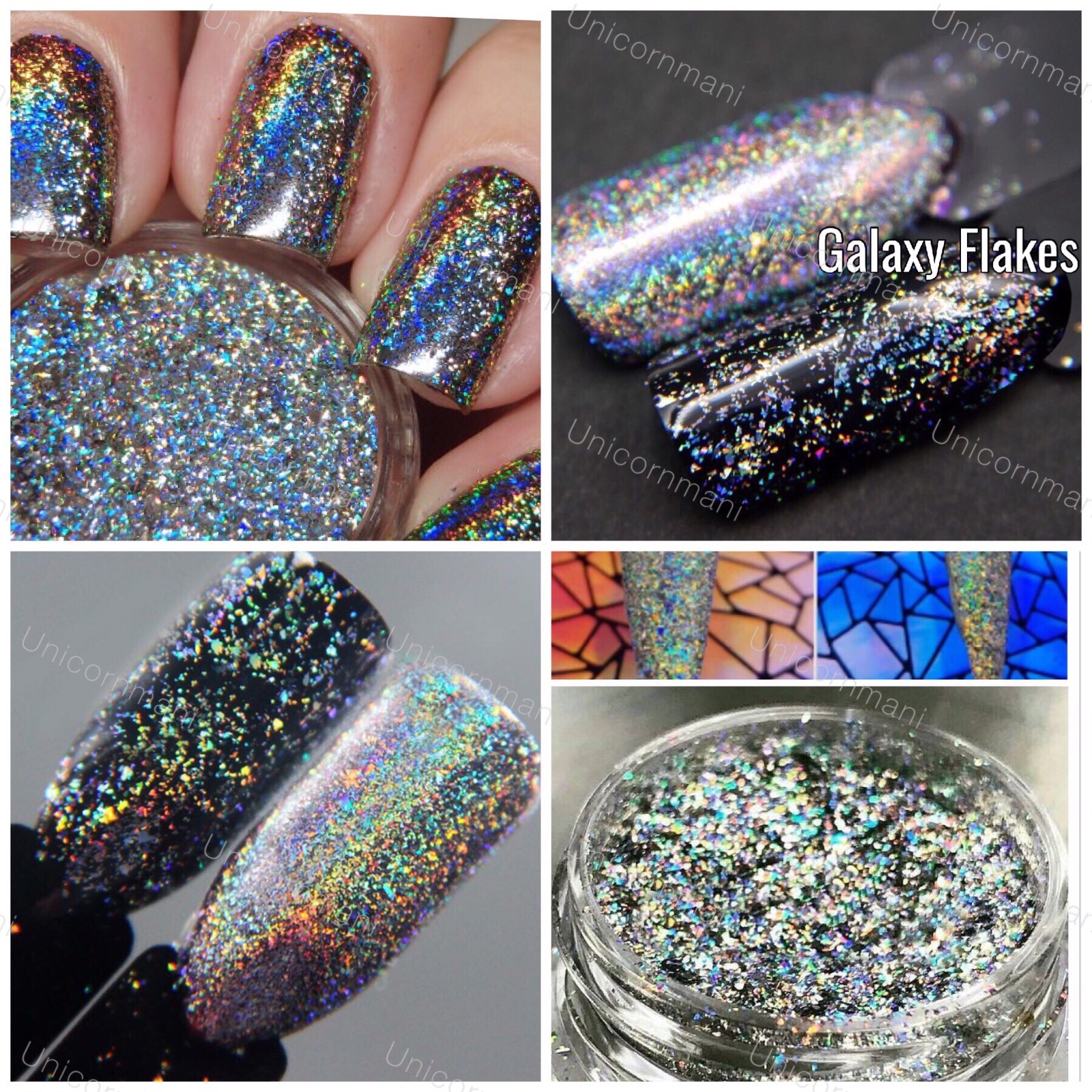 GALAXY HOLO FLAKES Chrome Flecks Unicorn Powder Holographic Nails Sequins