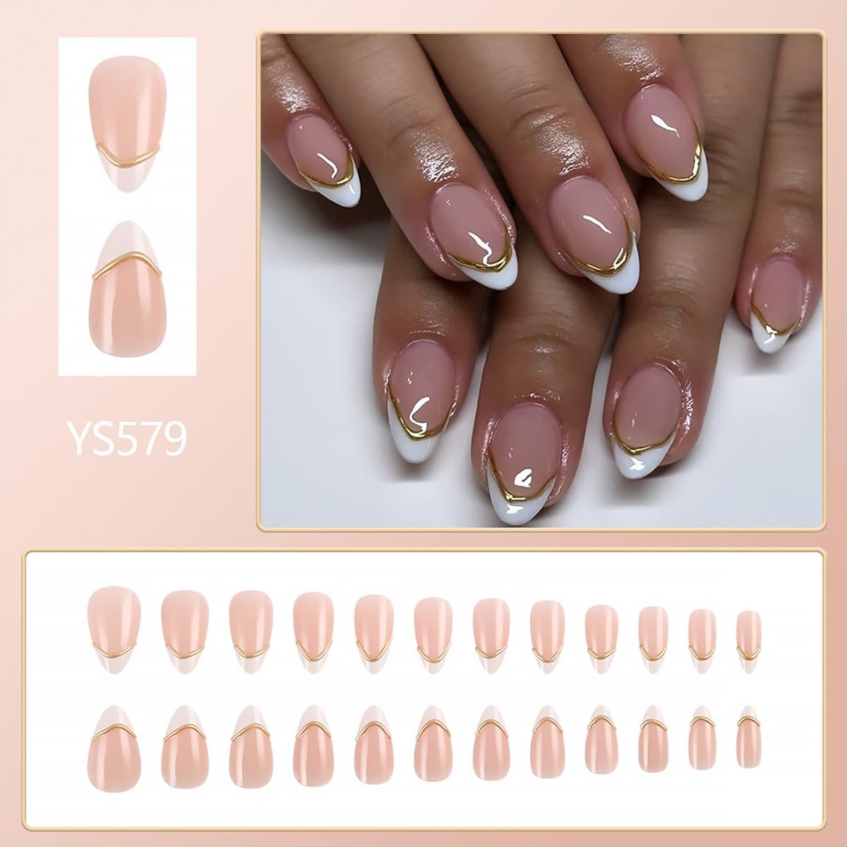 24Pcs White French Tip Press on Nails Short Almond Fake Nails with Chrome Gol…