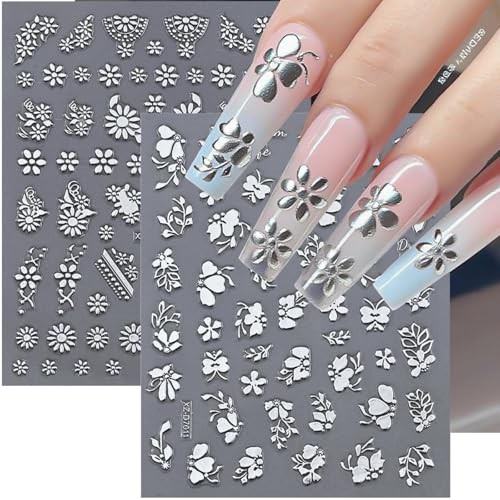 12 Sheets Silver Nail Art Stickers, 3D Self-Adhesive Bronzing Sun Moon Style25