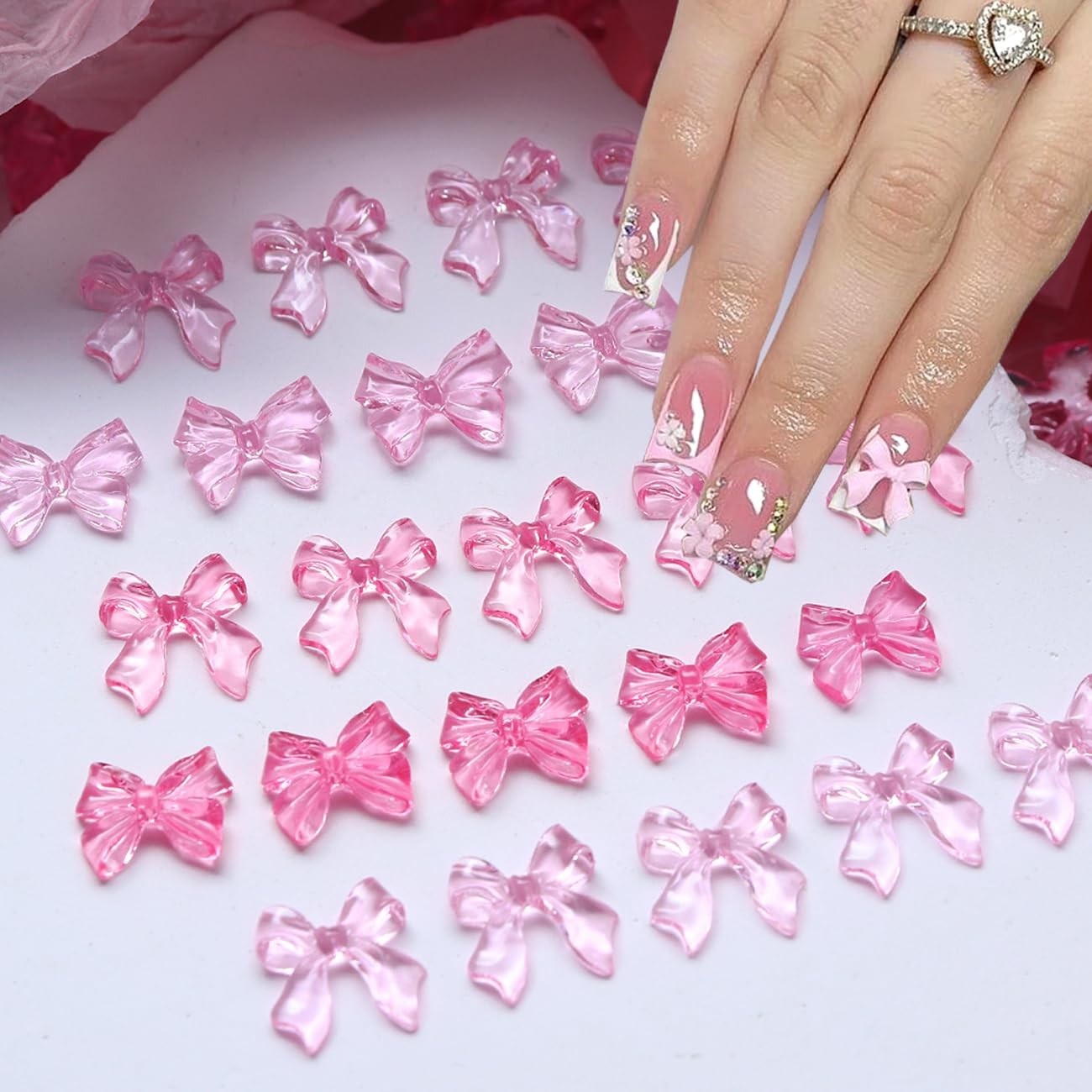 50Pcs Bow Nail Charms 3D Bow-Knot Nail Decals Nail Charms Pink Bowknot Resin …