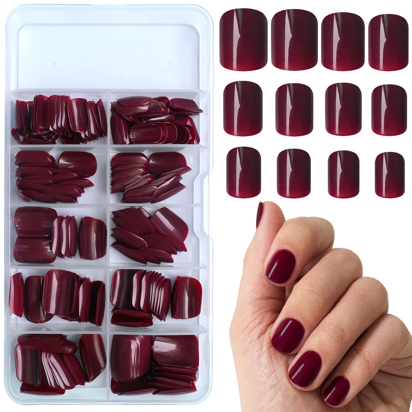Bellelfin 240pcs Short Press on Nails Burgundy Full Cover Large,