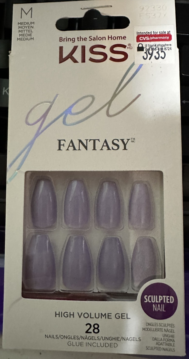 Kiss Nails Gel Fantasy Glue/Press on Purple Lavendar Gloss Medium Eased Edge