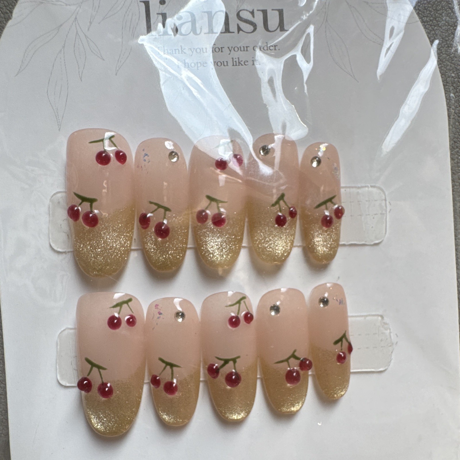 liansu Press-On Nails Medium Almond Beige/Gold Glitter Fruit Theme Full Cover