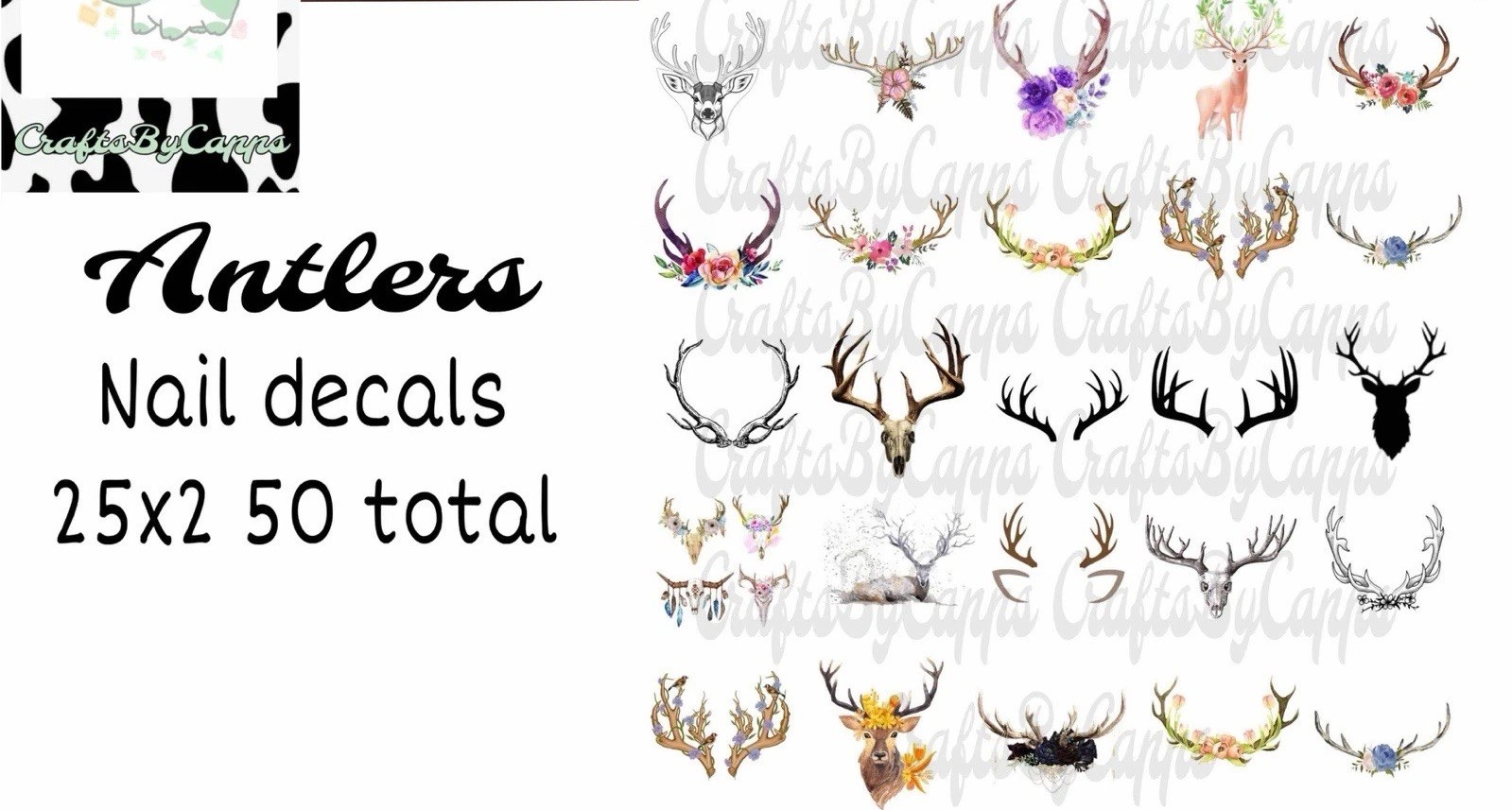 Deer Antlers Waterslide Finger Nail Decals Instructions set of 50 KC Bonus