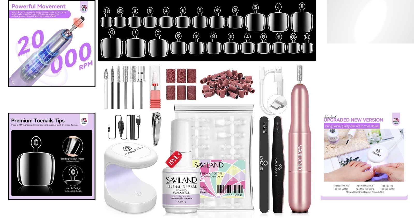 Complete Nail Art Solution: 500 Gel Toenail Tips, Nail Drill & Portable UV Lamp