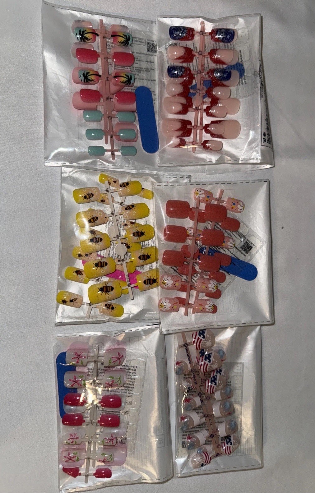 Press On Nails 6pc Bundle #3 – USA, Flag, Firework, Palm Tree, Flowers, Bees