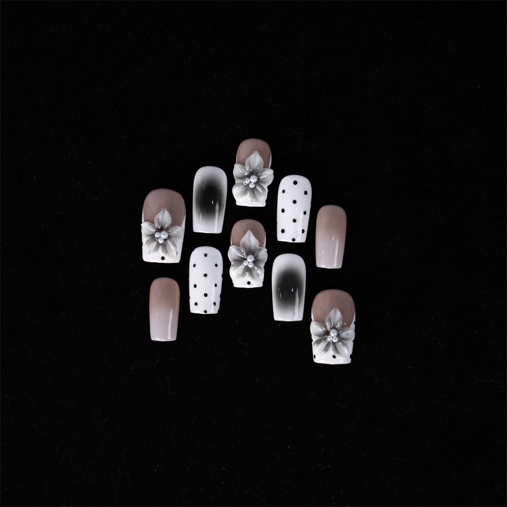 10pcs Medium Long 3D Flower Polka Dot Press On Nails