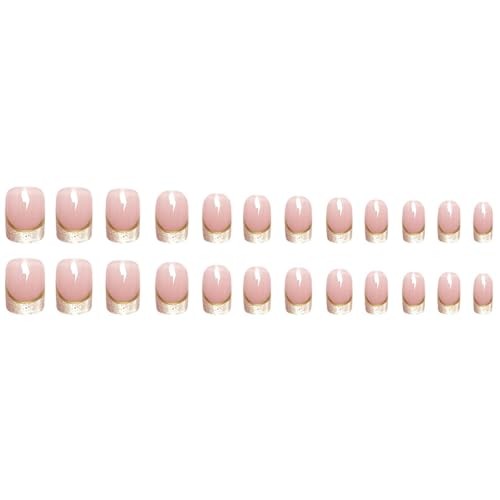 French Tip Press on Nails Short Square Nails Press Ons with Gold Lines Nude-3